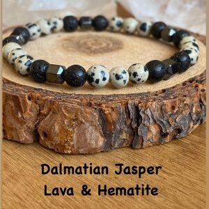 6 mm Dalmatian Jasper, Lava & Hematite Stone Bracelet - Unisex